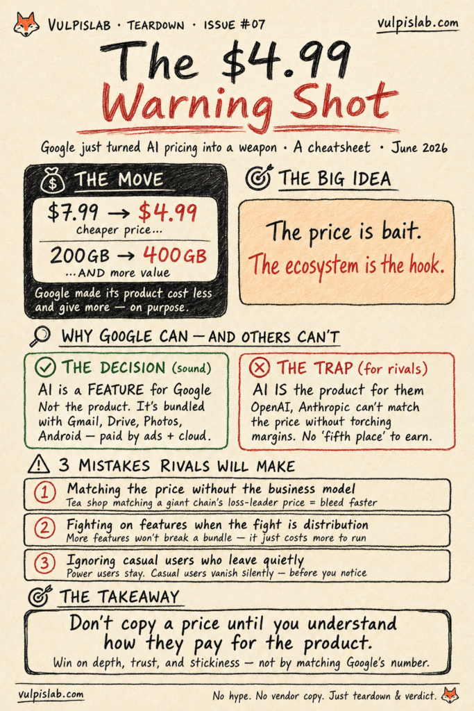 he image is the cheatsheet which explains Google AI Plus strategy by vulpislab.com